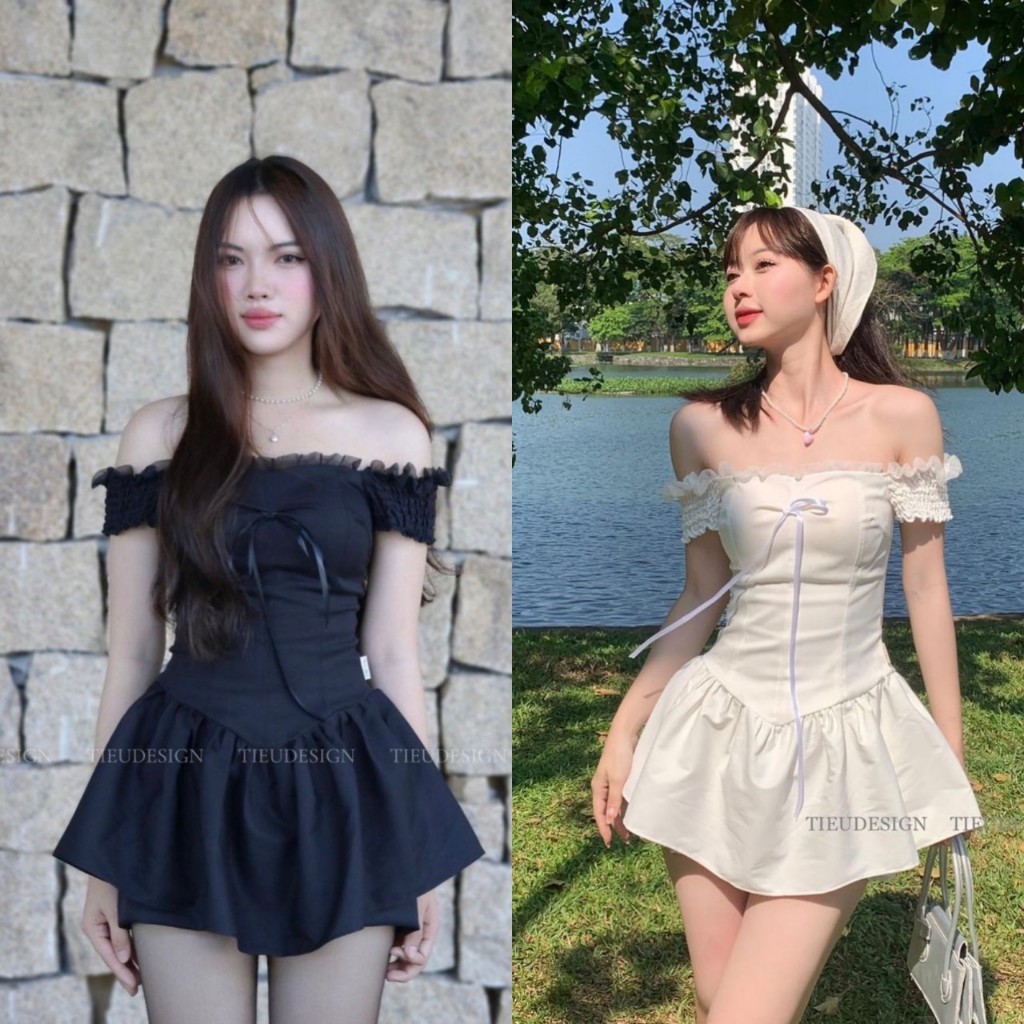 Váy Trễ Vai Tay Bèo Đính Noe Ngực Dáng Xòe Chiết Eo Hàng 2 Màu Trắng-Đen Tiểu Thư Siêu Xinh