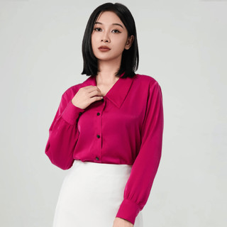 Áo sơ mi nữ lụa nhung KHÀN Parfum cổ sen nhọn màu hồng cánh sen tay dài phong cách thanh lịch