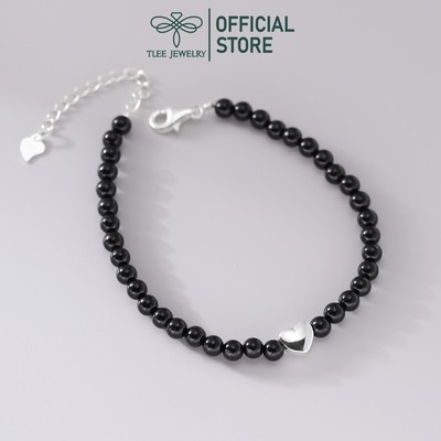 Lắc tay bạc nữ TLEE chuỗi đá đen điểm mặt tim phồng bóng xinh xắn TLEE JEWELRY LT0241