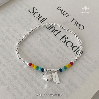 Lắc tay bạc TLEE chuỗi bi điểm hạt màu treo charm LUCKY và tim phồng bóng xinh xắn TLEE JEWELRY LT0356