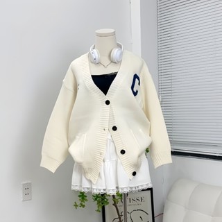 Áo Khoác Cardigan Len Thêu Chữ C Xanh Đậm Form Rộng, Labibi