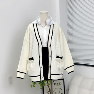 Áo Cardigan Thừng Viền Đen Phối Túi Nơ Chất Len Dày Mịn Form Dài Rộng, Labibi