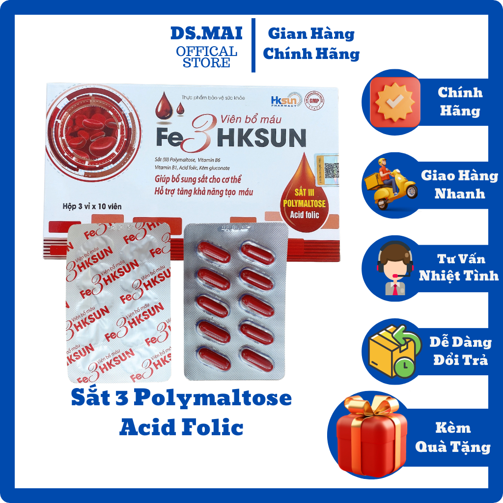 Viên Sắt Fe 3 Polymaltose HKSUN Hữu Cơ Chứa Acid Folic Bổ Máu Hỗ Trợ Khả Năng Tạo Máu Cho Cho Cơ Thể