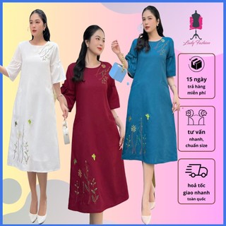 Đầm Linen suông dáng A thêu hoa lá tay bèo dành cho nữ thanh lịch MS112 - Lady Fashion