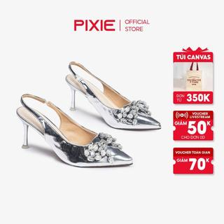 Giày Cao Gót 7cm Sling Back Phối Nơ Đính Đá Pixie E246