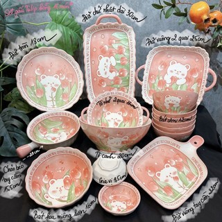 Set bát đĩa sứ hoa tulip gấu tách lẻ