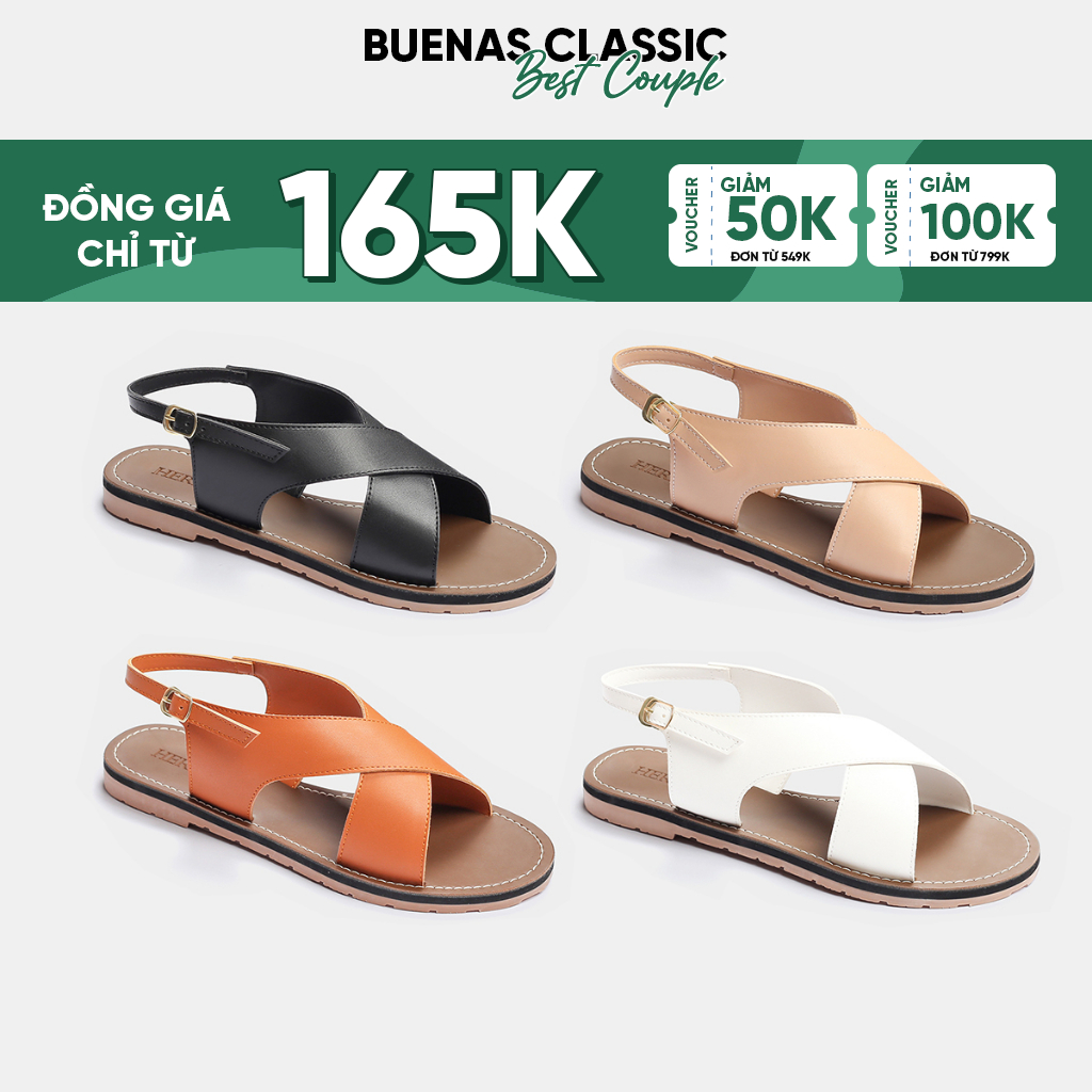 Sandal đế bệt quai chéo 2829 nữ Hermosa by Buenas màu đen/trắng/be, dép quai hậu công sở, đi học