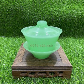 Ly Chén Uống Trà Ngọc Cẩm.Thạch Màu Xanh Ngọc Cao Cấp Để Thưởng Trà, Cafe; Có Nắp Và Chân Đế