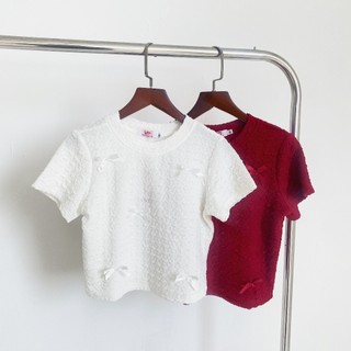 Áo kiểu nữ VMSTYLE cổ tròn form baby tee chất thun xốp đính nơ dễ thương đi chơi, đi dạo phố ASU00553