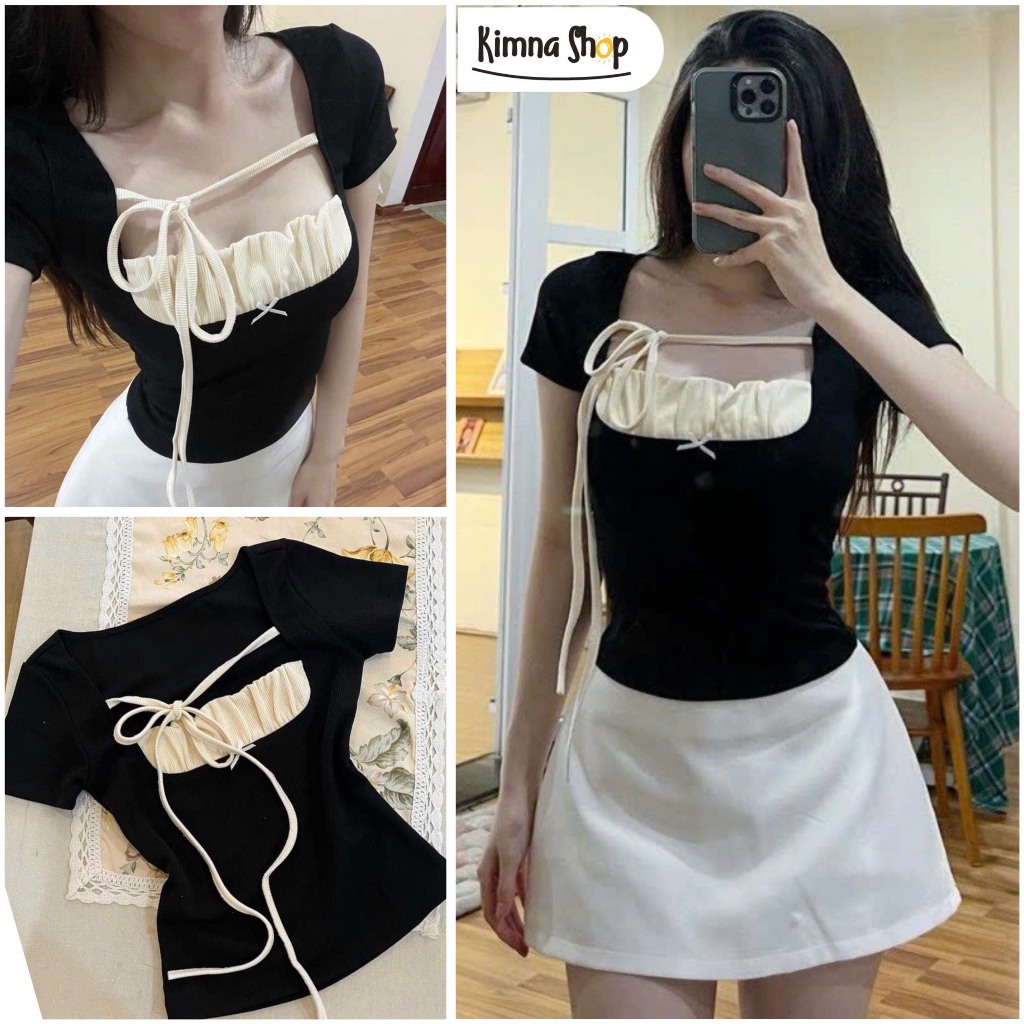 Áo Baby Tee Ngắn Tay Ôm Body Phối Bèo Cổ Nơ Buộc Ngực Gợi Cảm