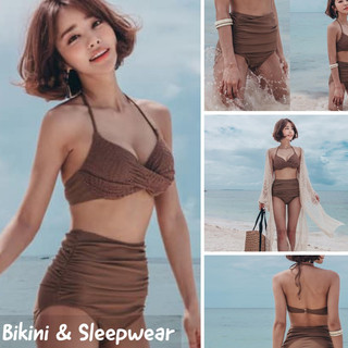 Bikini màu Nâu Tây kiểu Hàn Quốc, áo dạng vải lưới mềm mịn, độc lạ và quần cạp cao giấu bụng