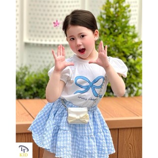 S60 - Set váy bé gái, áo cottton in hình nơ chân váy thô kẻ 2 lớp cho bé gái diện hè 8 -30kg