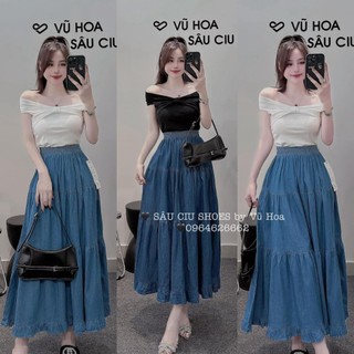 Set Aó Cotton Zip Trễ Vai Nơ Ngực Mix Chân Váy Jean Xòe Dáng Dài Chuẩn Mẫu Mặc