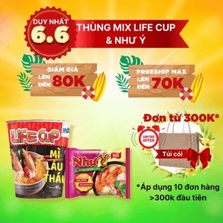 Thùng Mix Mì Ly Life Cup & Hủ Tiếu Như Ý Hoặc Thùng 24 Ly Mì Lẩu Thái Life Cup