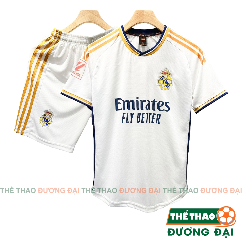 Quần Áo Bóng Đá Real Trắng Vàng 2023 2024 Thun Mè Thoáng Khí Thể Thao Đương Đại