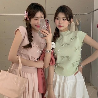 [KÈM VIDEO] Áo thun gân cổ cao tay nhí đính nơ vải nhún hai bên hông cực xinh xắn TU