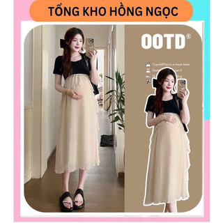 Váy bầu cộc tay cotton phối tơ voan cao cấp, đầm bầu dáng dài xòe màu đen phối kem thời trang