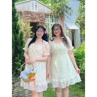 Váy hoa xốp nổi cổ vuông nhún ngực bèo bigsize nữ  (V170) (size 60kg - 95kg) [Hằng Fami bigsize]