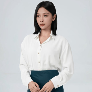 Áo sơ mi lụa nữ đẹp kiểu công sở KHÀN form rộng tay dài freesize màu trắng