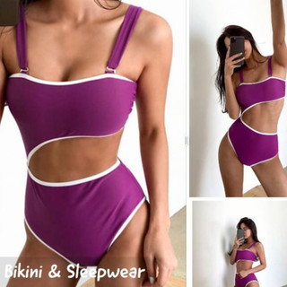 Bikini một mảnh màu tím nho viền trắng khoét eo tôn dáng kiểu độc lạ Hàn Quốc cao cấp
