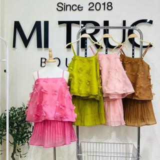 S219 Set thiết kế voan tơ áo 2 dây thêu hoa và chân váy xếp ly - MITRUC