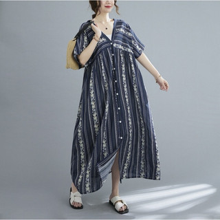 [PODICA] dưới 90kg váy bigsize suông vổ V hoạ tiết boho, váy bầu mặc thoải mái