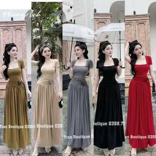 Váy maxi cổ vuông nhún eo đính hoa