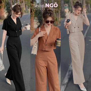 Set bộ vest nữ áo croptop tay ngắn và quần dài ống suông rộng phù hợp đi chơi dự tiệc thanh lịch shop ngô fashion