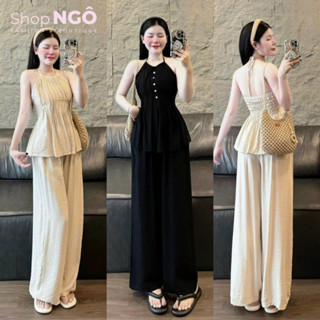 Set bộ đồ nữ mặc đi chơi chất đũi vân mây áo cổ dây yếm xoè chạy mocking nút hở lưng quần dài suông shop ngô fashion