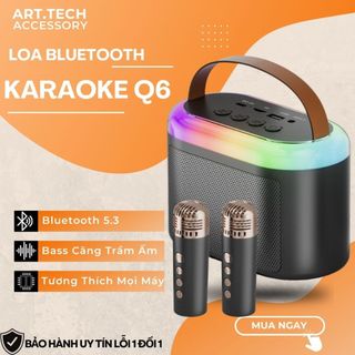 Loa Karaoke Q6, Kèm 2 Mic, Loa Bluetooth Mini Không Dây, Đèn Led chuyển động, Công Suất Lớn, Âm Trầm