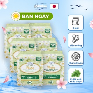 Combo 6 gói băng vệ sinh thảo dược Ban ngày Kamina Herbs Nhật Bản mềm mịn, thoáng khí 24.5cm 8 miếng