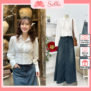 Áo sơ mi nữ trắng dài tay cổ đính hoa ngọc chiết ly eo dáng ngắn croptop Sollle