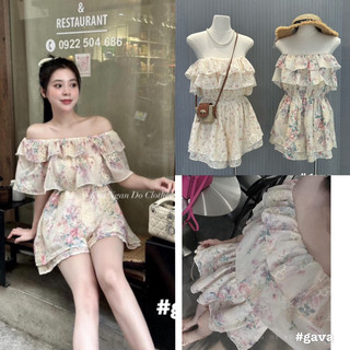 Jumpsuit Hoa Nhí Trễ Vai Bèo Tầng Mặc 2 kiểu Chất Voan ren tiểu thư