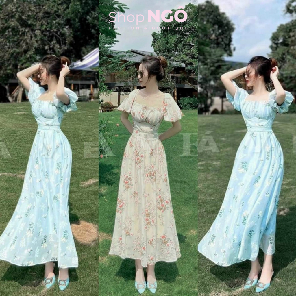 Đầm váy nữ đi chơi,đi biển,Đầm maxi voan hoa xếp lý nhún ngực có mút tay phồng dáng dài midi tone sáng nhẹ nhàng cao cap