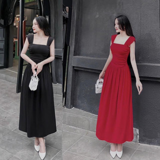 Đầm dáng dài cổ vuông tay ngắn basic Kim Ruby Fashion chất thun tăm lạnh mềm cao cấp trẻ trung năng động đi chơi dự tiệc