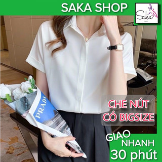 Áo sơ mi nữ tay ngắn dáng rộng giấu nút công sở