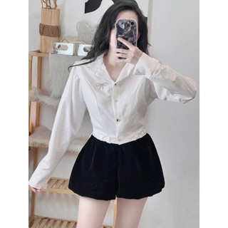 Áo sơmi kiểu nữ kèm nơ cài kiểu dáng croptop nhiều màu công sở đi học đi làm A1550