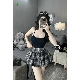 Set áo 2 dây gân kèm váy carro xoè nhúm trên