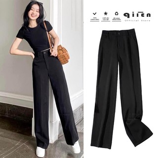 Quần Ống Suông Cạp Cao QIIEN, Quần Ống Rộng Nữ Khóa Trước, Vải Cao Cấp Xuất Hàn CV026