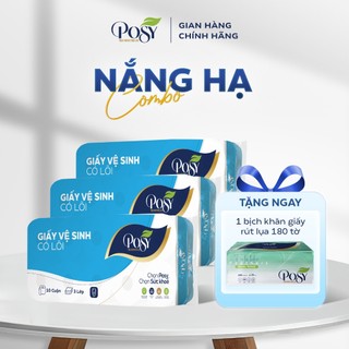 Combo 3 bịch giấy vệ sinh 10 cuộn 3 lớp Posy có lõi/ không lõi tặng kèm 1 gói khăn giấy rút lụa 180 tờ