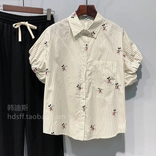 Áo sơ mi nữ tay phồng kẻ sọc hình chuột micky, áo sơ mi kiểu Hàn Quốc