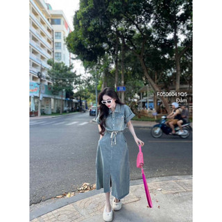 Đầm jean xẻ tà trước dáng dài rút dây eo cổ bẻ ngực đắp túi nắp tay ngắn 0624 thaotranshop90 [kèm ảnh thật chụp sàn]