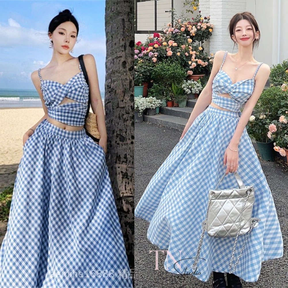 Váy Nữ - Áo Bikini Thắt Nơ Lưng Mix Với Chân Váy Maxi Dáng Dài Kẻ Siêu Hot Đi Biển NT1211_Studio | BigBuy360 - bigbuy360.vn