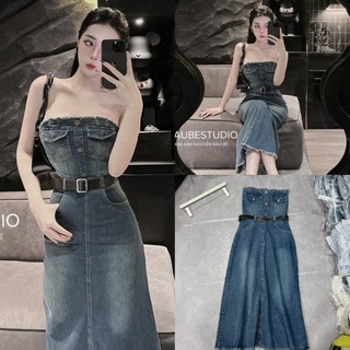 Váy đầm nữ maxi jean quây ngực trễ vai tua rua phối túi nắp - jump jean tua rua kèm đai da phối cúc dọc hàng qcl1