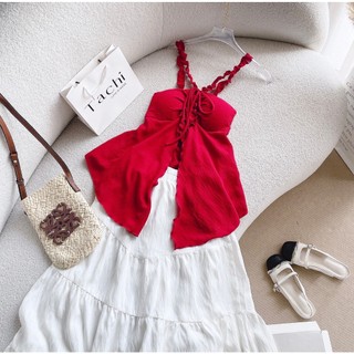 Set áo yếm đỏ peplum xẻ tà chéo dây bèo rút ngực có mút + chân váy trắng maxi