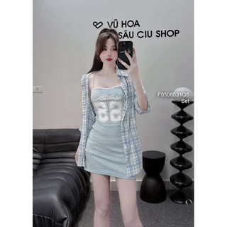 Set áo khoác sơ mi kẻ caro tay dài + đầm body in form ngắn 2s 0624 thaotranshop90 [kèm ảnh thật chụp sàn]