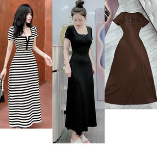 Đầm váy maxi dáng dài ôm body cổ vuông form chữ A thun borip 3 màu đen, nâu, kẻ sọc size 40-57kg
