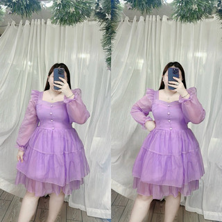 [Bigsize 60-85kg] Đầm voan nút bọc 2 tầng
