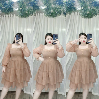 [Bigsize 60-85kg] Đầm voan nút bọc 2 tầng