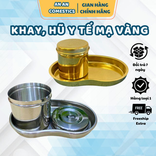Khay inox hạt đậu, hũ inox mạ vàng sang trọng cho spa, phun săm, y tế | Khay hũ vàng